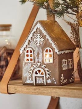 Haus für Teelicht Stillenat Gingerbread Schneekristall, braun